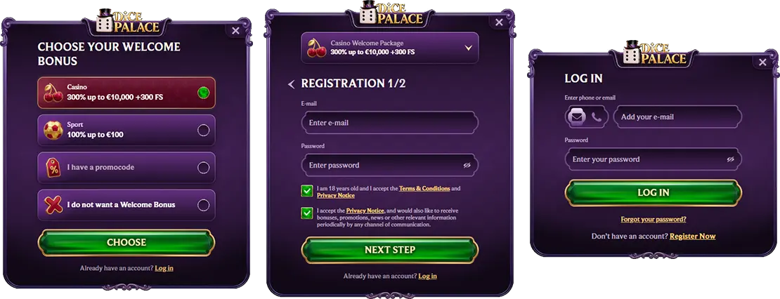 DicePalace registration and login